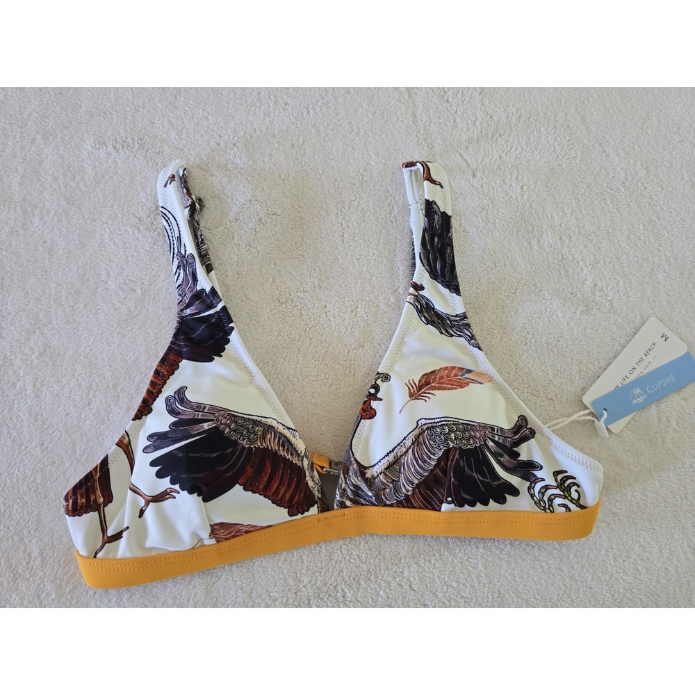 Cupshe Womens Bikini Swimsuit Top‎ Size Medium Crane Bird Print White Plunge